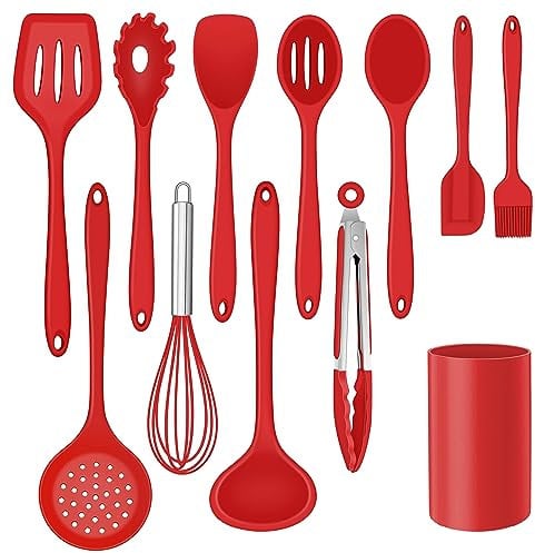 Herogo Kitchen Utensils Set of 12, Silicone Cooking Utensils Set with Holder for Baking, Cooking, Non Stick & Heat Resistant Cookware Include Spatula Whisk Spoon Turner Tongs, Dishwasher Safe (Red)