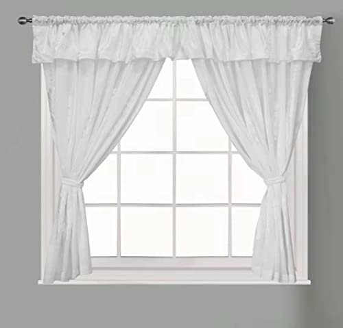 Textile Home New Kitchen Curtains Window Net Curtains Rod Pocket Attached Valance and Tiebaks (White, 48 x 36)