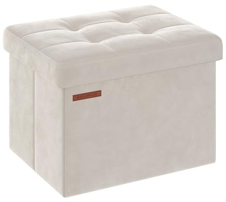 SONGMICS Storage Ottoman, Foldable Small Ottoman Foot Rest, 12.2 x 16.1 Inches Foot Stool, OAD up to 286 lb, for Living Room, Bedroom, Dorm, Cream White ULSF200W01