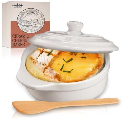 Muldale Plat de cuisson à camembert avec couvercle – Baker à fromage camembert en blanc – Plat de cuisson brie – Baker à camembert en céramique – 14 cm – avec épandeur et boîte