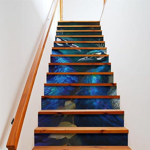 COALHO Abstrakte schöne Pfau Treppenerhöhung Dekoration Dekorative Aufkleber Gold Blau Pfauenfedern Offener Pfau Abziehen und Aufkleben Aufkleber 100 cm x 18 cm x 2 Set