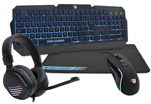 DeepGaming X-Wing 2 Pack Gaming 4 en 1 - Teclado Membrana QWERTY con Ñ Retroiluminado, Ratón Óptico RGB 7200DPI, Auriculares con Micrófono, Alfombrilla Antideslizante. Set Up Gaming Multiplataforma