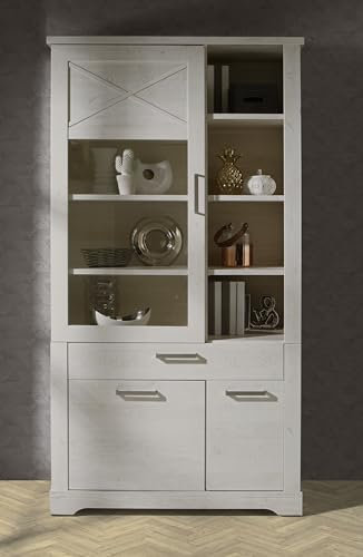 Forte ROCKHAMPTON Vitrine 100 110, Moderne Wohnzimmervitrine mit 2 Türen, 1 Glastür, 1 Schublade, Standvitrine weiß, Holzwerkstoff, Pinie Weiß Holzdekor, 108,2 cm breit x 206,2 cm hoch x 42 cm tief
