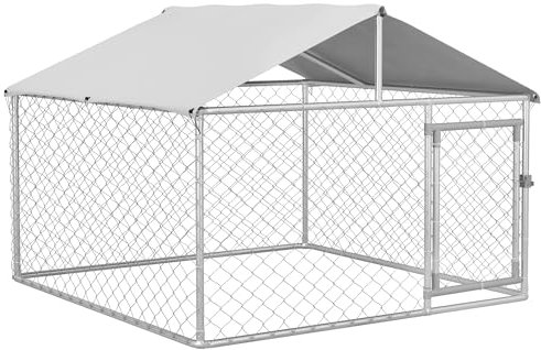 PawHut Outdoor-Hundezwinger, Tiergehege mit wasserdichter Abdeckung, 200x200x150cm, Silber und Grau