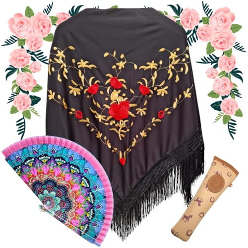 Châle noir, éventail en bois avec fleurs peintes à la main (modèle assorti), étui artisanal pour éventail fabriqué en Espagne et porte-clés style flamant rose (noir doré assorti), Noir , M