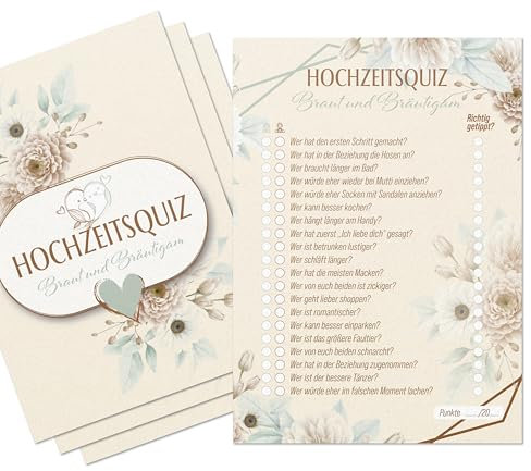 colortouch Hochzeitsquiz 50 Karte, Hochzeitsspiel für Gäste zum Kennenlernen, Hochzeitsgeschenk für Braut & Bräutigam, Vintage Hochzeitsdeko, Hochzeitsbingo 20 witzige Fragen zum Brautpaar für Lacher