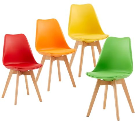 EGGREE 4er Set Esszimmerstühle mit Massivholz Buche Bein SGS Geprüfter Skandinavisch Design Gepolsterter Stuhl Küchenstuhl Holz,Gelb+Rot+Grün+Orange