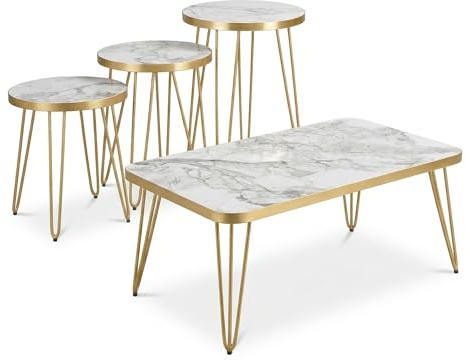 Jungengel Couchtisch Set 4-teilig | Marmor Optik Weiß Gold | Beistelltisch Zigon Sofatisch | Wohnzimmertisch Modern | 90x50cm Metallbeine