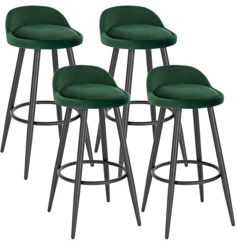 WOLTU Taburetes de Bar Juego de 4, Taburetes de Cocina con Reposapiés, Asiento de Terciopelo, Estructura de Metal, Verde Oscuro