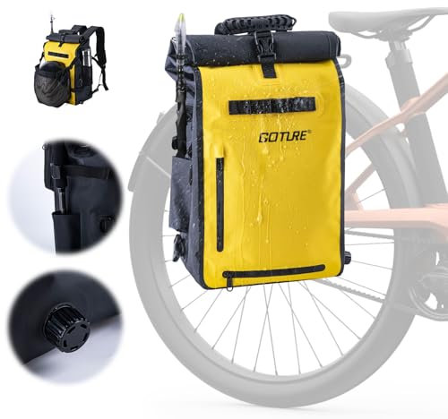 Goture Fahrradtasche für Gepäckträger [25L Volumen], 3in1 wasserdichte Gepäckträgertasche Mit Ablaufloch, Motorradtasche, Rucksack, Laptoptasche, Reisetasche, Professionelles Fahrradzubehör Gelb