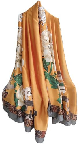 FAIRYGATE Schal Damen Mode Seidentuch Schals 180cm x 90cm Seide Tuch Gelb Blumen Muster Tücher Seidenschal Geschenk für Liebhaber Kollegen Familie und Freunde 87032