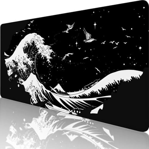 Black Mouse Mat 900x400 mm Large Mouse Pad Wave Desk Mat, Stitched Edges Mousepad, Non-Slip Rubber Base Keyboard Pad, Extended Gaming Mouse Pad XXL for Home Office Accessories, Gifts for Women Q-I