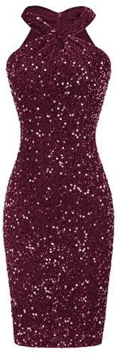 GRACE KARIN Damen Glitzer Kleid Knielang Pailletten Kleid Neckholder Festlich Cocktailkleid Partykleid Weinrot L