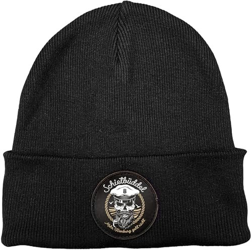 SCHIETBÜDDEL Strickmütze schwarz – 100% Bio-Baumwolle, warme Wintermütze mit Logo Badge, nachhaltige und stylische Mütze aus Hamburg