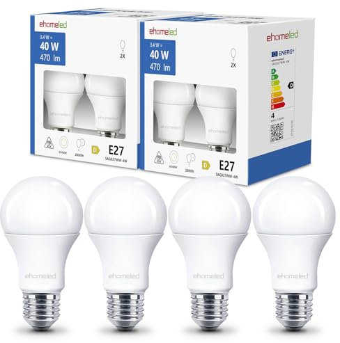 ehomeled E27 LED Glühbirne A60 Kaltweiß (6500K), 470 Lumen 3,4W (=40W), Energiesparende Klassische LED Birne, Ideal für Wohnzimmer, Schlafzimmer & Büro, 4er-Pack