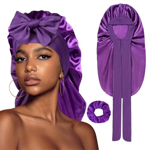 ACWOO Satin Haarhaube für Damen, 2 Stück Lange Satin Schlafmütze, Seidenhaube Zum Schlafen Schlafhaube Haare Schützen für die Nacht Bonnet mit elastischem Band