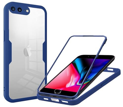SLWYF Kompatibel mit iPhone 7 Plus/iPhone 8 Plus Hülle Eingebauter displayschutz 360 Grad Rundumschutz Handyhülle, Stoßfest TPU Bumper Schutzhülle Robuste Durchsichtige Kratzfest Case, Blau