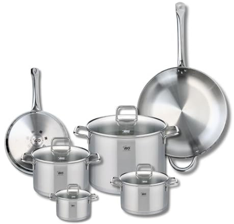 ELO 9507450 Batterie de cuisine 6 pièces, Ensemble de 2 Poêles de cuisson 24 et 32 cm et 4 faitouts 12, 16, 20 et 26 cm Elo Profi Citrin, inox, induction