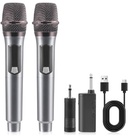 2.4GHz Wireless Microphones, Metal Singing Microphone,Rechargeable Dual Handheld Cordless Mic Up to 30 Hours Runtime, 200 FT Distance Receiving, Rechargeable Receiver, Video Recording, Home Party