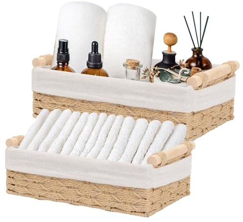Lot de 2 Panier de Rangement, Corbeille Tressé Rectangulaire Panier Rangement Salle de Bain Panier de Rangement Tissé en Corde de Papier Grand+Petit avec Anse pour Salle de Bain, Salon (Beige)