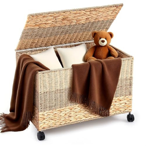 Cinnvoice 160l Wicker Storage Trunk with Wheels & Lid Heavy Duty Rolling Wicker Storage Basket Large Toy Chest with Handles 30×17.7×18 in Water Hyacinth Woven Blanket Bin for Bedroom, Laundry Room