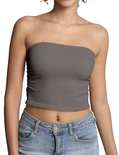 Comfyin Tube Tops for Women Strapless Bandeau Sleeveless Crop Top Basic Backless Summer Going Out Tank Top,Khaki,M