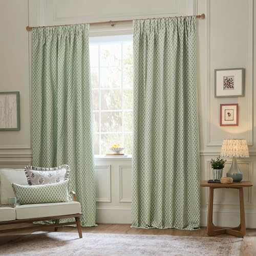 Sanderson Hutton Room Darkening Pencil Pleat Curtain Pair – Ikat Woven Jacquard Lined Drapes (Sage - 168x183cm)