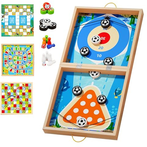 Tisch Eishockeyspielzeug, schnelles Schlingen Puck-Spiel, Slingshot Hockey-Spiel, Wood 7-in-1-Bildungsspielzeug, Tisch-Gewinner-Board-Partyspielzeug für Erwachsene und Kinder
