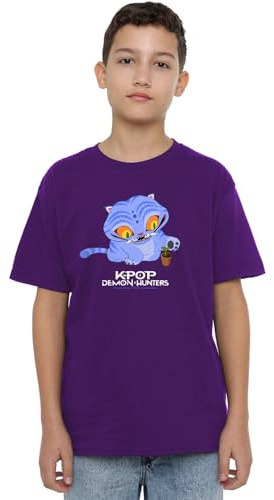 Kpop Demon Hunters Unisex Kids K-pop Demon Hunters - Cute Derpy Tiger Cartoon Kids T Shirt, Navy T-Shirt (Pack of 1)