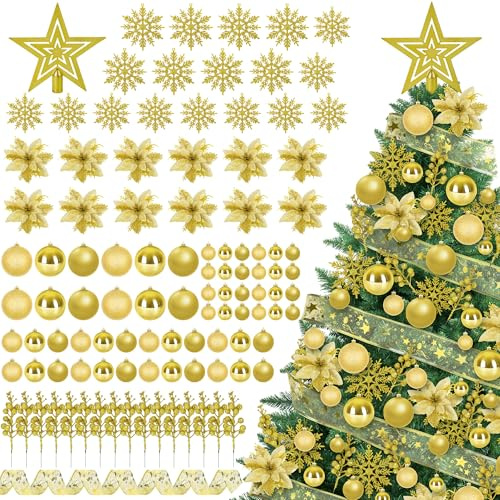 Gold Christmas Tree Decorations Set 108 Pcs Xmas Tree Ornament Kit with Tree Topper Star and Ball Ornaments, Glitter Snowflakes, Flowers, Berry Stems, Organza Ribbon for Xmas Holiday Decor