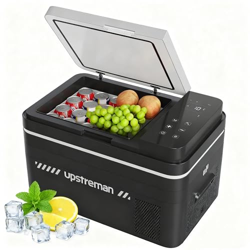 Upstreman 30 Liter Kompressor Kühlbox, 12/24V & 230V Auto Kühlbox Kompressor, -20 °C bis 20 °C Kühlschrank mit Gefrierfach und LED-Beleuchtung, Kühlschrank Klein für Auto, Camping, Schwarz, AR30