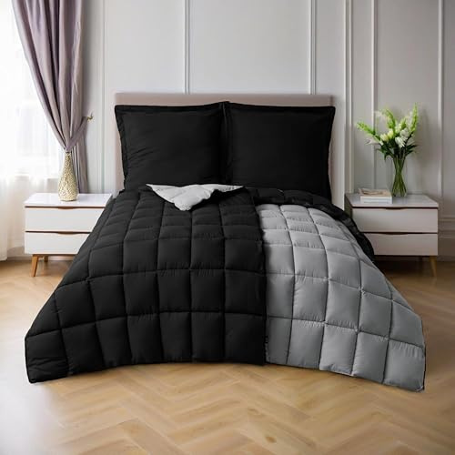 HIG 4-teiliges Bettdecken-Set: 2X Decken 135x200 cm + 2X Kissenbezüge 80x80 cm – Oeko-TEX zertifizierte Schwarze Steppdecken, kastengenäht – 1300g Daunenalternative (300GSM) weich & flauschig