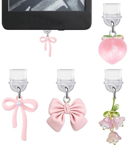 ZenithAura 4 Stück Anhänger Charm Für Kindle Rosa Schleife Staubschutz Stecker Kompatibel Mit E Reader Telefon Mit Typ C USB C Ladeanschluss
