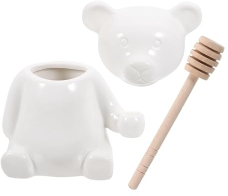 Lurrose Pot à Miel Accessoire Cuisine Pratique et Élégant en Céramique Blanc avec Cuillère en Bois Récipient Décoratif D’ours pour Stockage de Miel