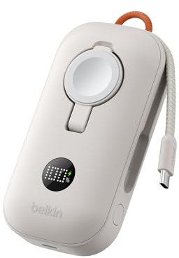 Belkin BoostCharge Pro 10000mAh Power Bank with Apple Watch Charger, Portable Charger with Integrated Braided USB C Cable and Digital Display, 45W, Battery Pack for Charging 3-Devices - Sand