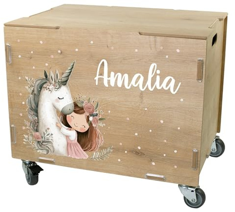 Striefchen® clipfritz Rollbox personalisiert mit Name – Personalisierbare Aufbewahrungsbox mit Rollen & Deckel – Spielzeugkiste aus Holz als Geschenk für Kinder (Einhorn)