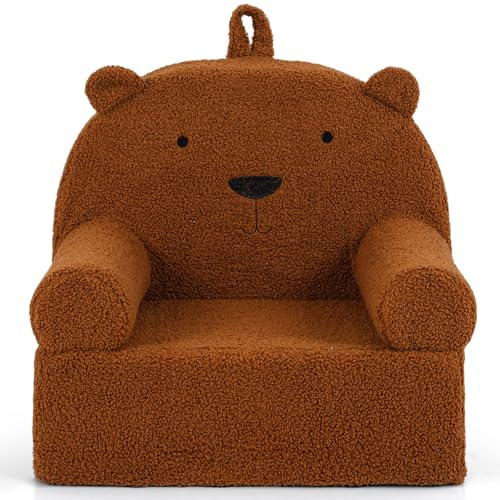 COSTWAY Kindersofa in Bärenform, Kindersessel gepolstert mit Griff aus Schaumstoff & Teddystoff, Kindercouch mit waschbarer Bezug, Spielsofa für Kinder ab 3 Jahren, Braun