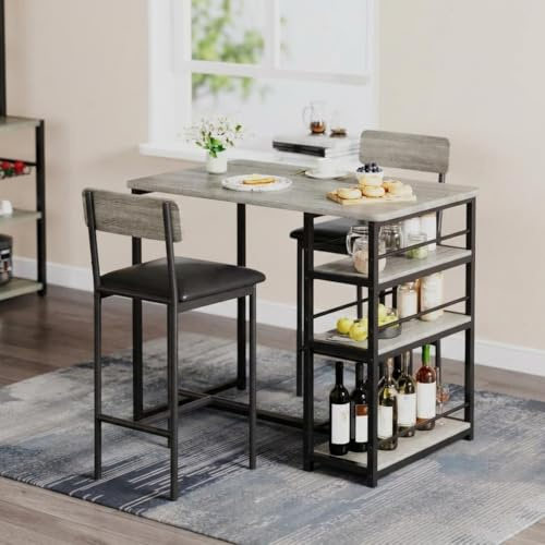 GarveeMore 3-Teiliges Bartisch Set, Essgruppe Mit 2 Gepolsterten Stühlen & 3 Große Ablagefächer, Küche Bar Table Tisch Hochtisch Mit Stauraum, Küchentisch Bistrotisch Esszimmer-Set