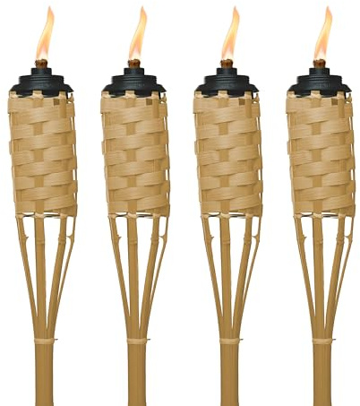 TIKI Bamboo Tiki Torches 4-Pack – Weather-Resistant Outdoor Décor with Easy-Pour Wide-Mouth Canister Refill for Patio, Garden, Backyard, and Parties, 57-Inch Citronella Torches