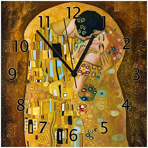 Wallario Design-Wanduhr Der Kuss von Klimt aus Glas, Motiv-Uhr Größe 30 x 30 cm, Schwarze Zeiger