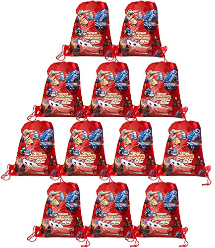 Qemsele 12 Stück Partytüten, kinder Karikatur Mitgebsel Kindergeburtstag Gastgeschenke Tüten Tasche, Kordelzug Rucksack Bag Turnbeutel für Kostümparty Geburtstagsfeier (Car)