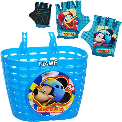 alles-meine.de GmbH 3 TLG. Set: Fahrradkorb/Korb + Fahrradhandschuhe - Mickey Maus - inkl. Name - mit Befestigung für Lenker vorne - Fahrrad Kinder - Mädchen - Bastkorb - unive..