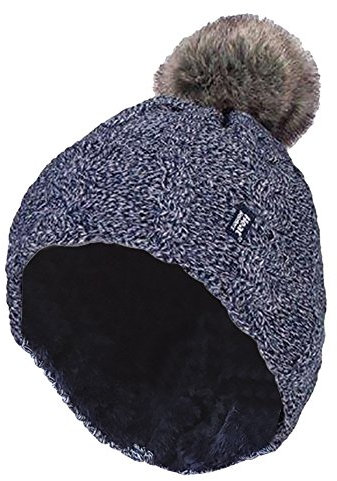 HEAT HOLDERS - Damen Bunt Muster Winter Outdoor Fleece Warm Wintermütze/Beanie Mütze mit Pompon Bommel (Einheitsgröße, Blau)
