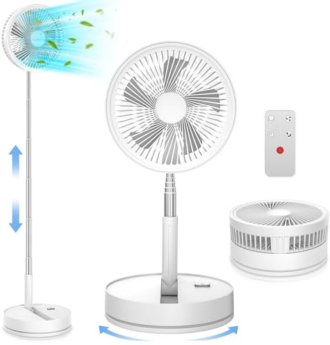 LBSTP Portable Standing Fan with Remote Control, 9 Inch Foldable Pedestal Fans, 7200mAh Rechargeable Battery USB Powered Floor Fan, Height Adjustable, 4 Speeds, Quiet Camping Desk for Bedroom