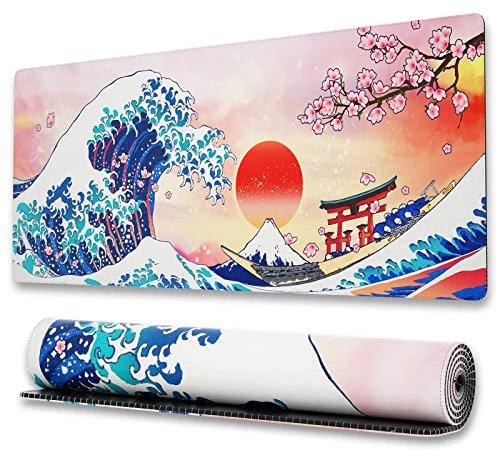 Ovenbird Extended Gaming Computer Mouse Pad, Large Pink Mouse Pad for Desk, Cute Anime Japanese Cherry Blossom Desk Pad for Keyboard and Mouse, White, 31.5 x 11.8 x 0.12 inches