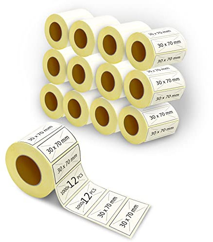 m MU Etiketten Selbstklebend, 70×30MM, 12 Rolle Pack Etikett x 1000 St. Je Rolle = 12000 Label, Kompatibel für Etikettendrucker,DHL-UPS-DPD,Adressetiketten Selbstklebend|7×3CM
