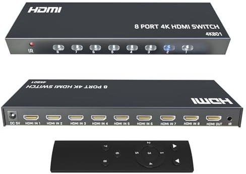 KAGO 8 Port HDMI Switch - 8 in 1 Out, 4K HDMI Selector Box with Remote, Supports 4K@30Hz, 1080p, HDR, 3D, Compatible with PS3/4, Xbox, PC, Laptop, Projector, Blu-ray Player