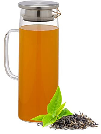 Relaxdays Jarra Cristal, 1,2 L, con Tapa, Agua, Zumo, Té Frío, Apta Lavavajillas, Garrafa Vidrio, Transparente/Plateado
