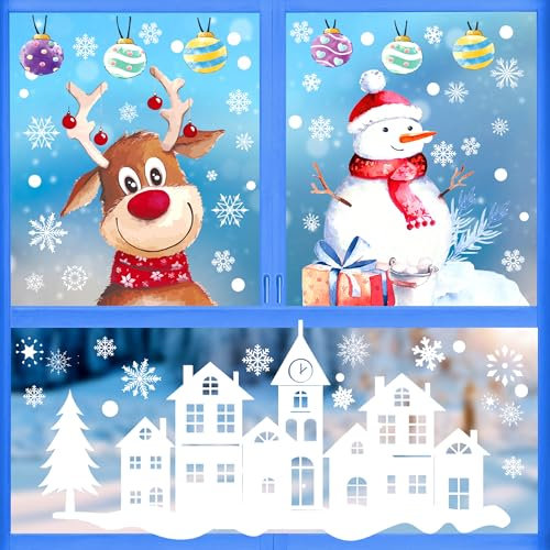Aquarell Fensterbilder Weihnachten,Selbstklebend Weihnachtsfensterbilder Doppelseitig Fensterbild Weihnachten Wiederverwendbar, Kinder Fensterfolie Weihnachten Winter Pvc Static Fenster Weihnachtsdeko