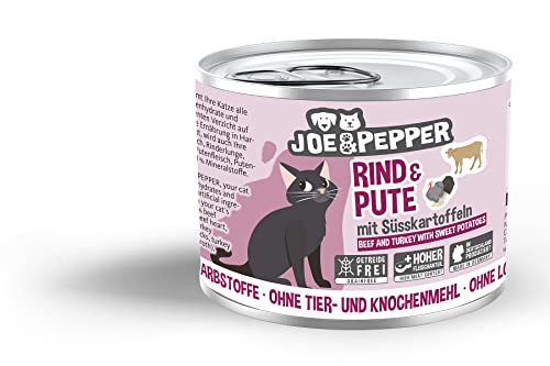 Joe&Pepper getreidefreies Katzenfutter | 6X 200g Rind & Pute m. Süßkartoffeln | hoher Fleischanteil, Keine künstlichen Zutaten | Nassfutter